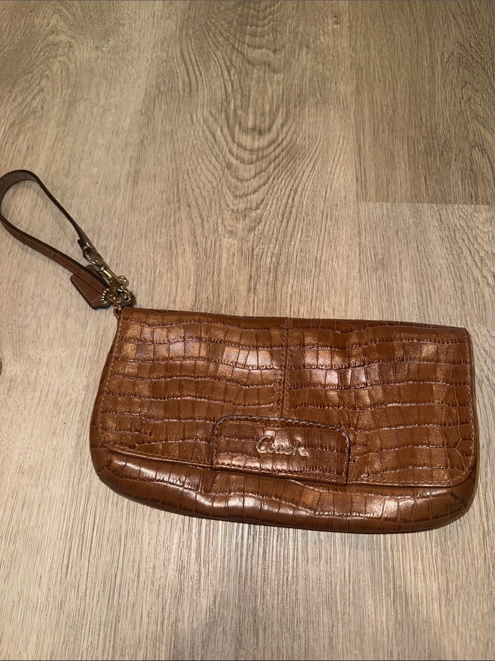 Coach Ashley Croc-Embossed Leather Wristlet in Cognac Brown